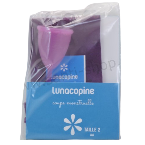 Coupe menstruelle violette Lunacopine emballée dans plastique bleu et transparent