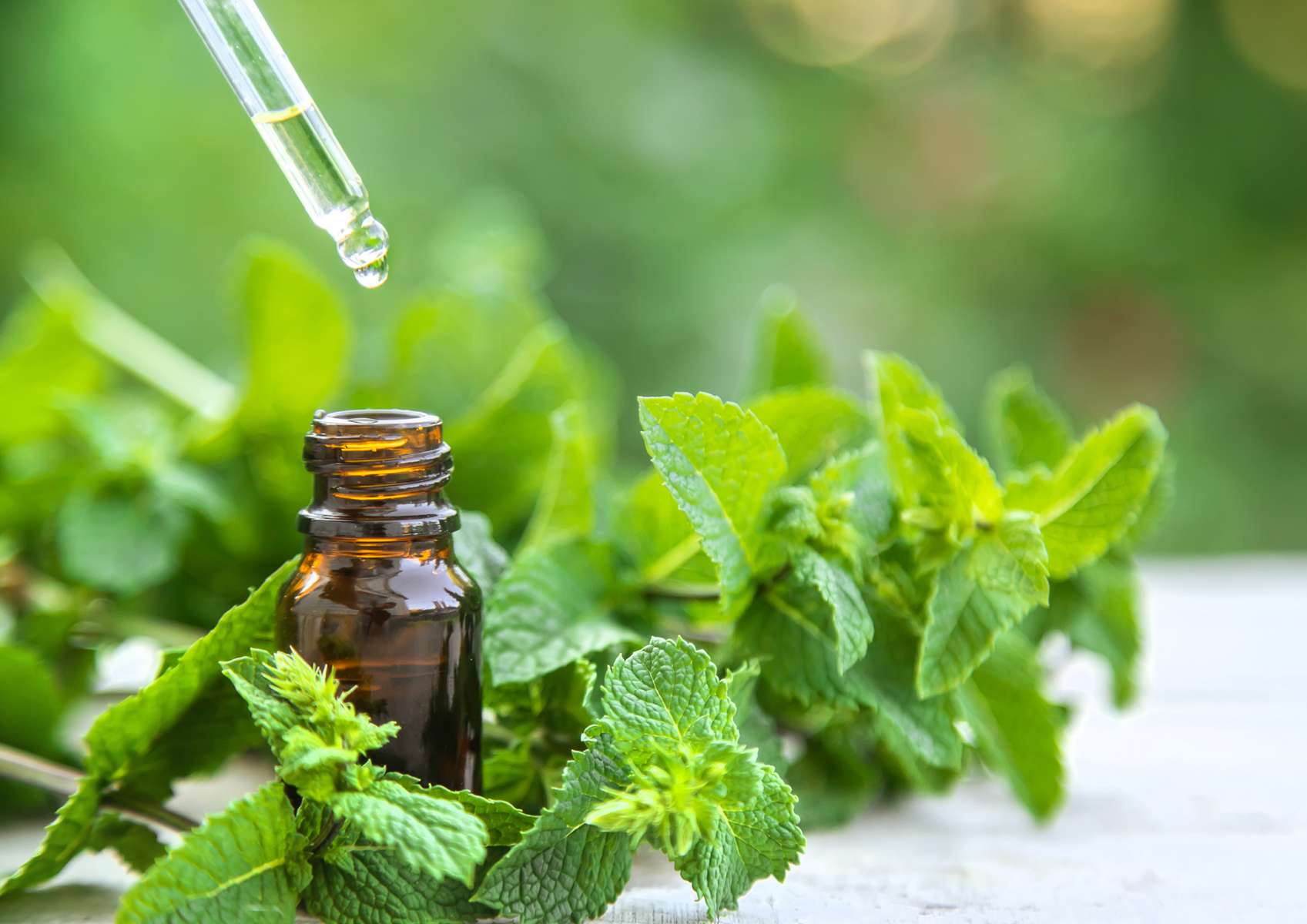 Flacon d'huile essentielle avec pipette au-dessus et feuilles de menthe autour