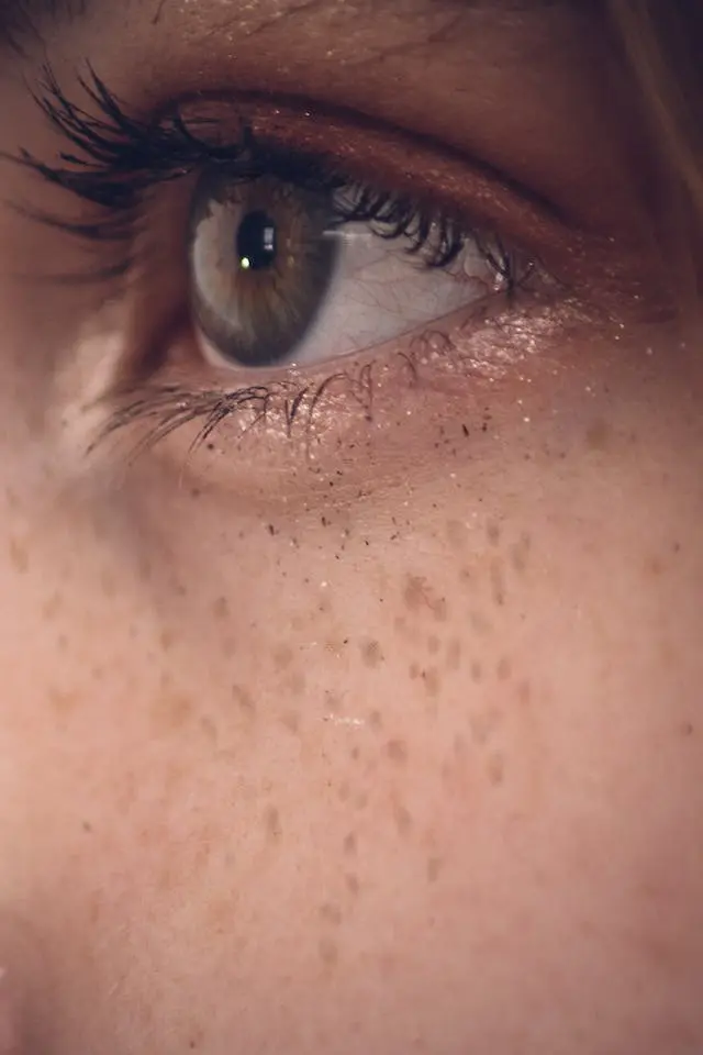 Oeil marron de femme avec tâches de rousseur de profil