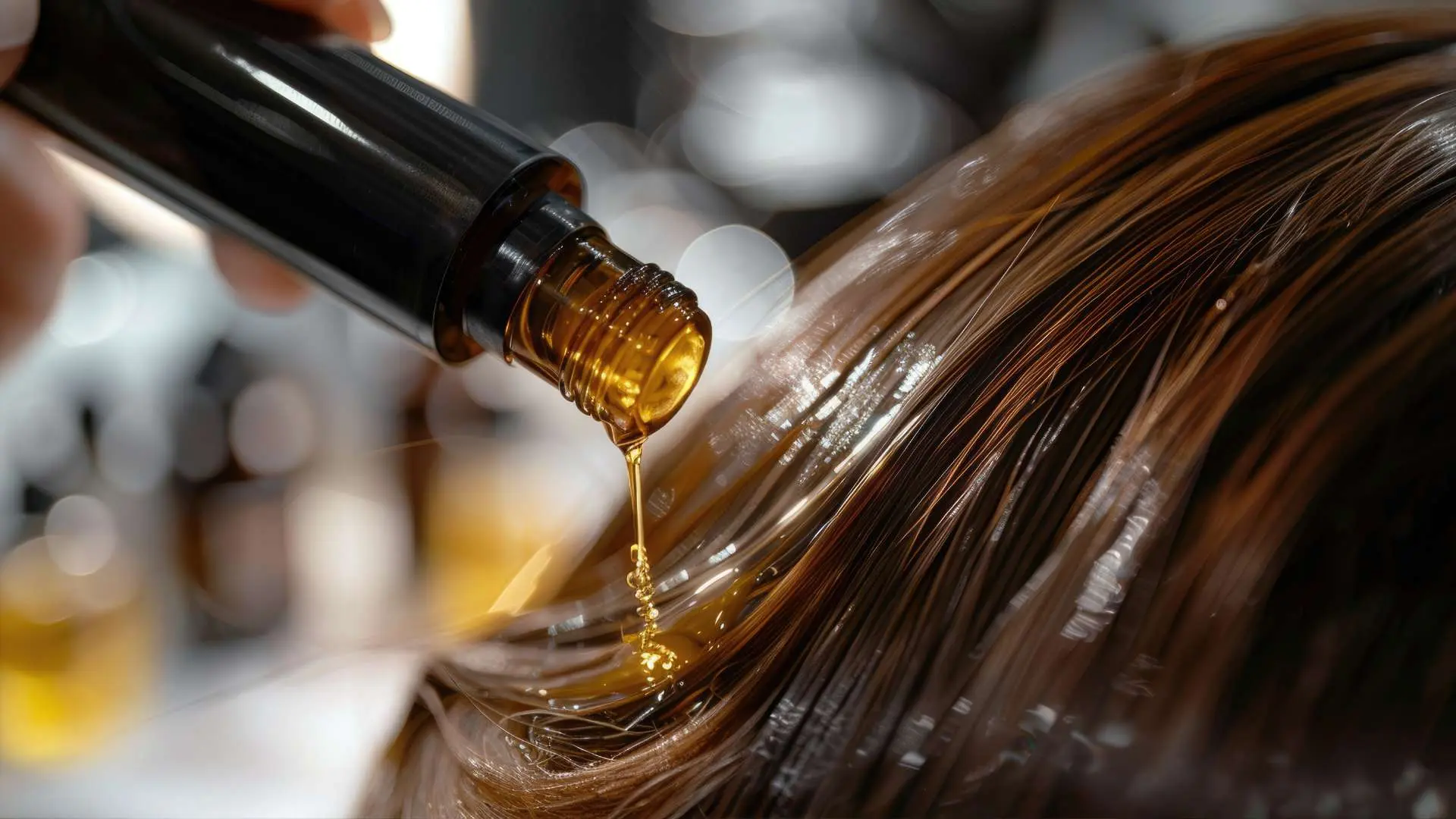 Huile végétale qui coule sur cheveux bruns