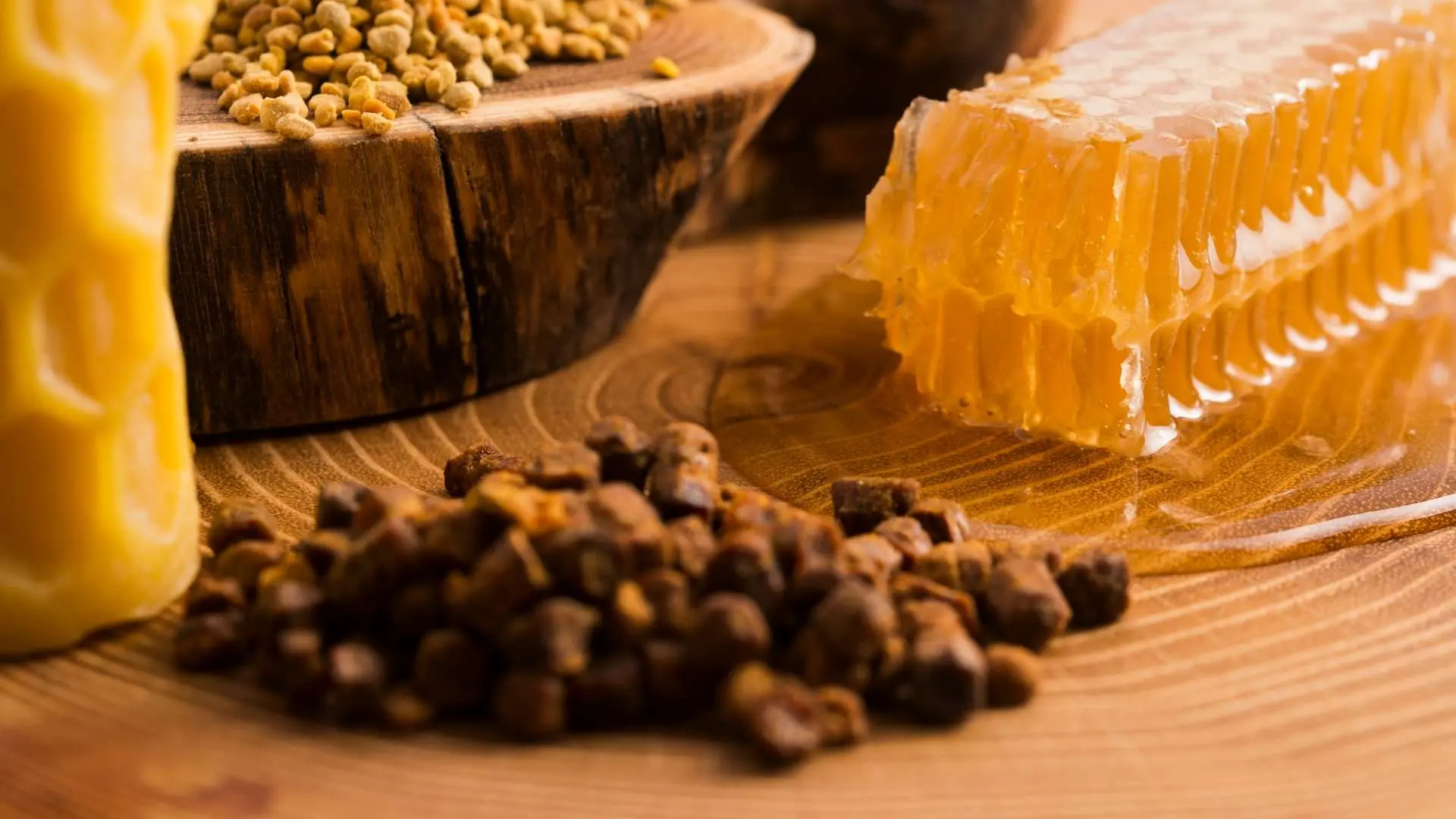 Propolis en résine et morceaux sur table en bois
