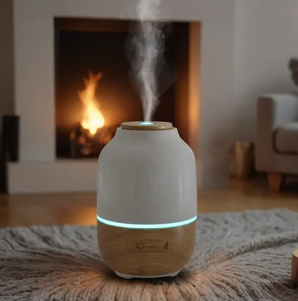 Diffuseur ultrasonique Purisia posé sur un plaid avec feu de cheminée en arrière-plan