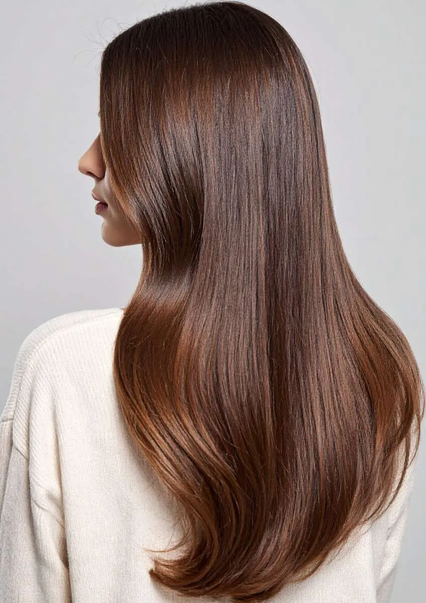 Jeune femme trois-quarts dos avec de longs cheveux châtains brillants 