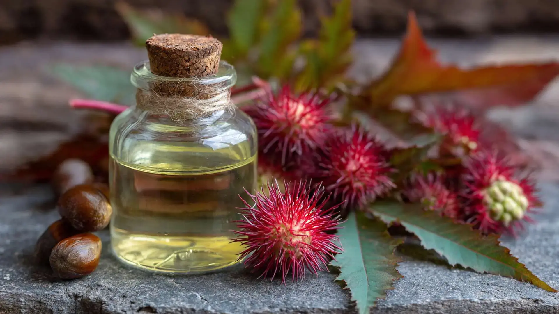Huile de ricin en flacon avec feuilles, fleurs rouges et graines à côté