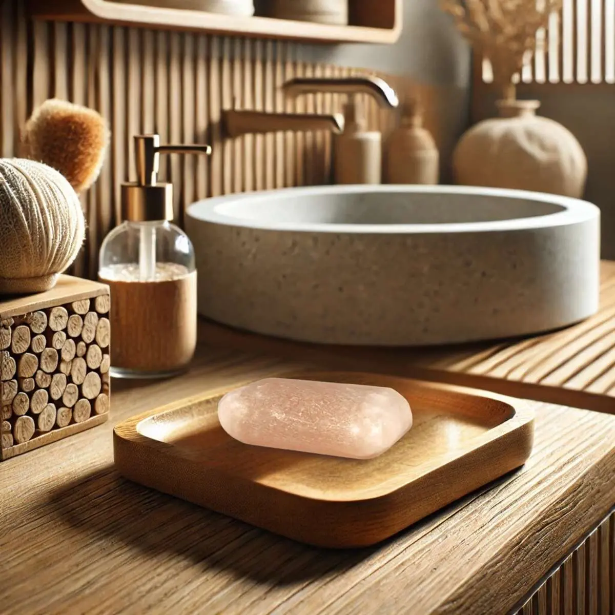Savon au sel de l'Himalaya Sun & Sia posé sur un porte-savon en bois dans salle de bois avec lavabo minéral et éléments en bois zen