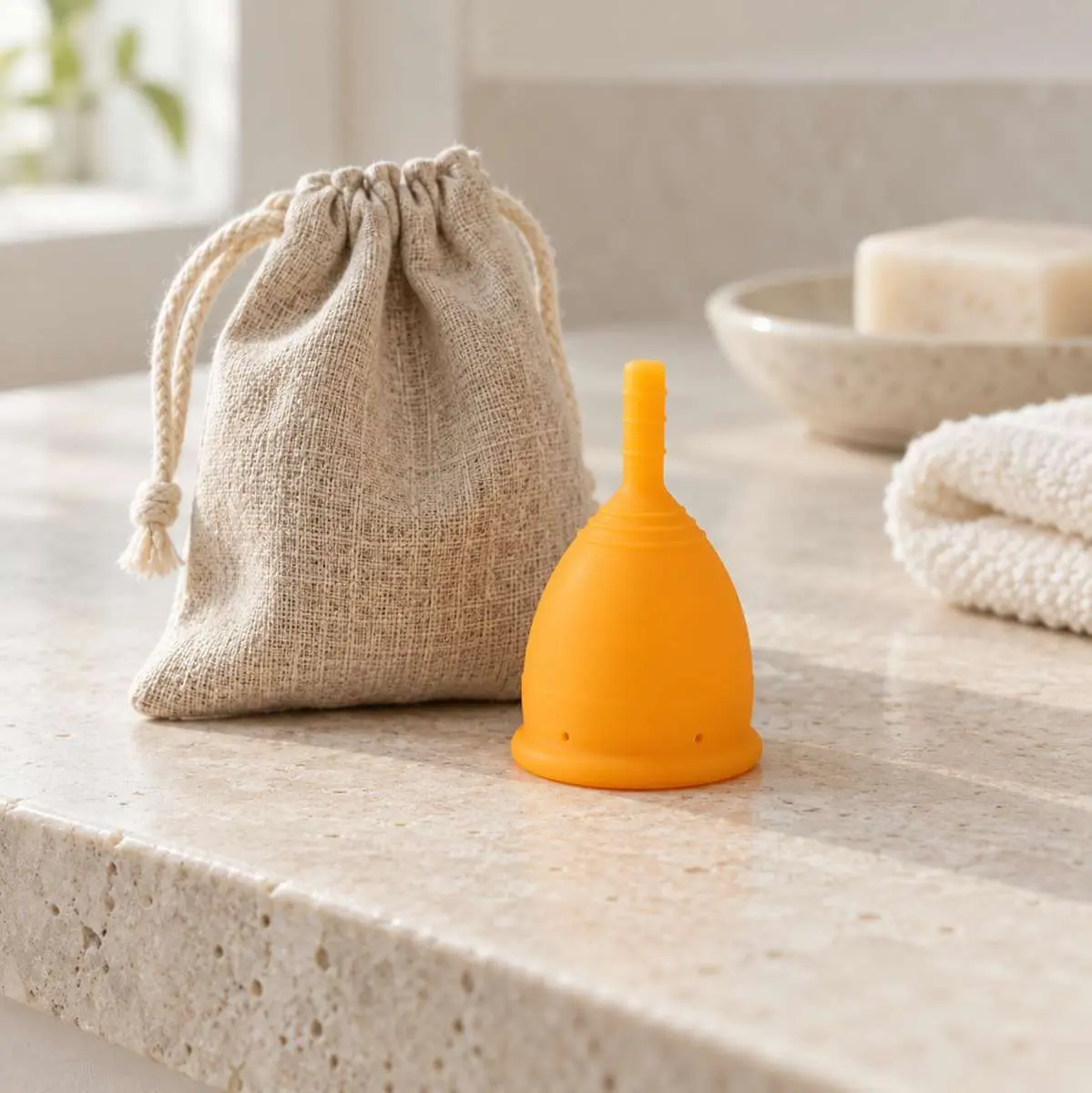 Coupe menstruelle orange Lunette posée sur surface beige dans une salle de bains avec sa pochette à côté et coin de serviette blanche et savon en arrière-plan