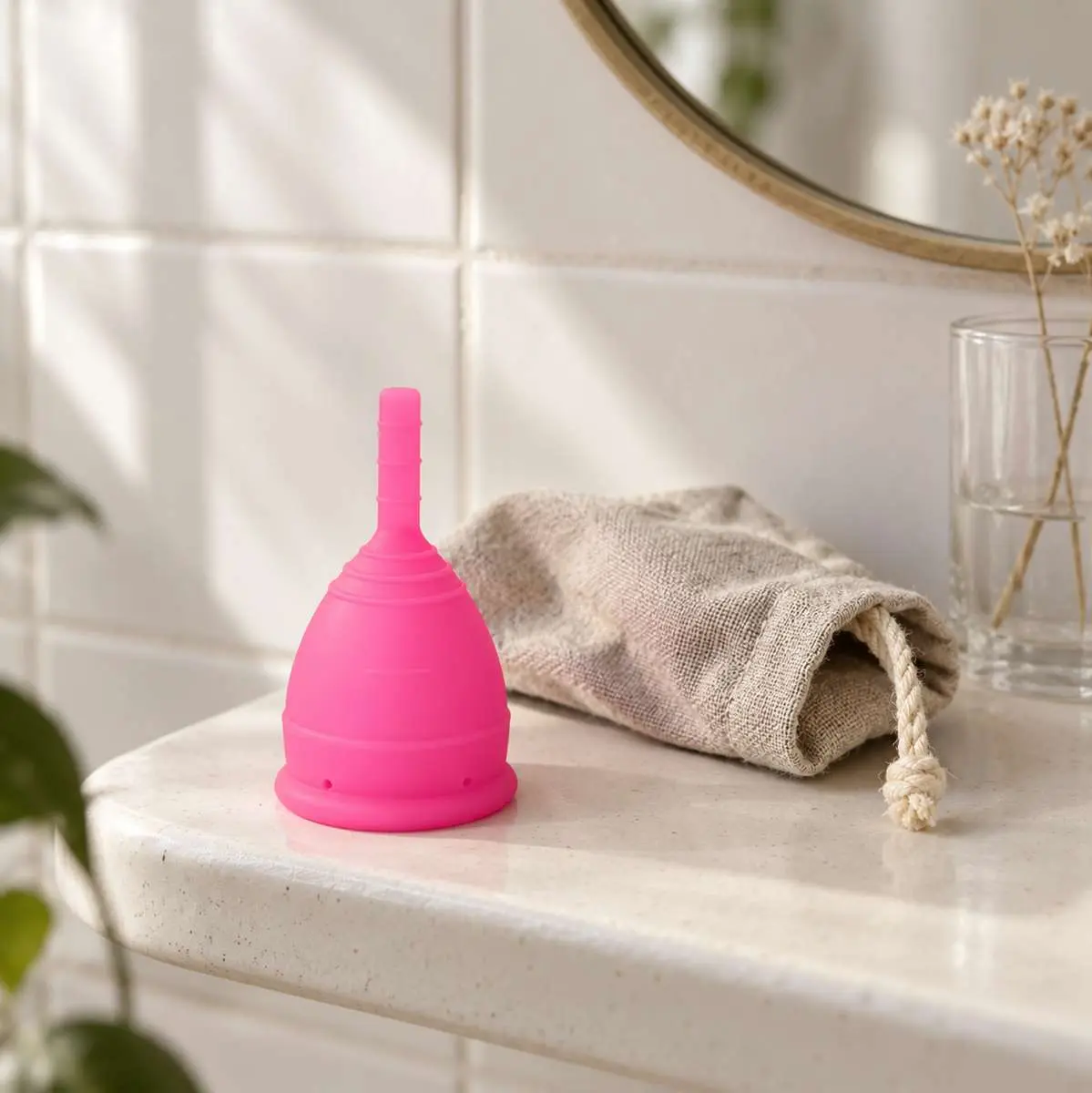 Coupe menstruelle rose Lunette posée devant son pochon dans une salle de bains avec verre d'eau et branche de gypsophile dedans