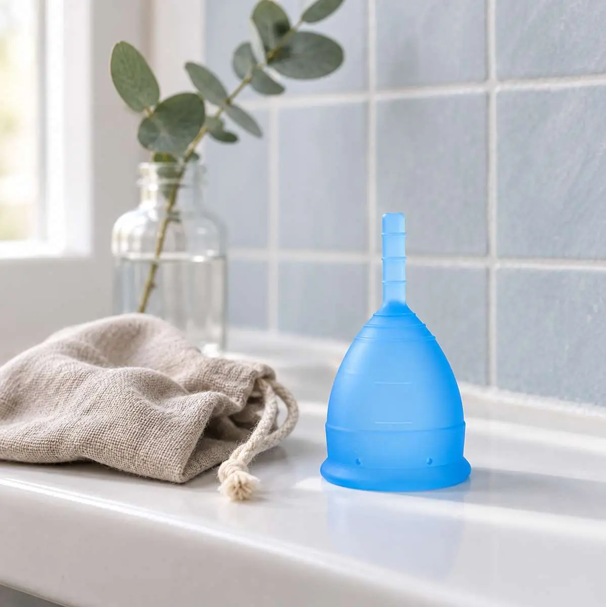 Coupe menstruelle bleue Lunette posé sur lavabo à côté de sa pochette en lin avec feuille d'eucalyptus dans vase en arrière-plan