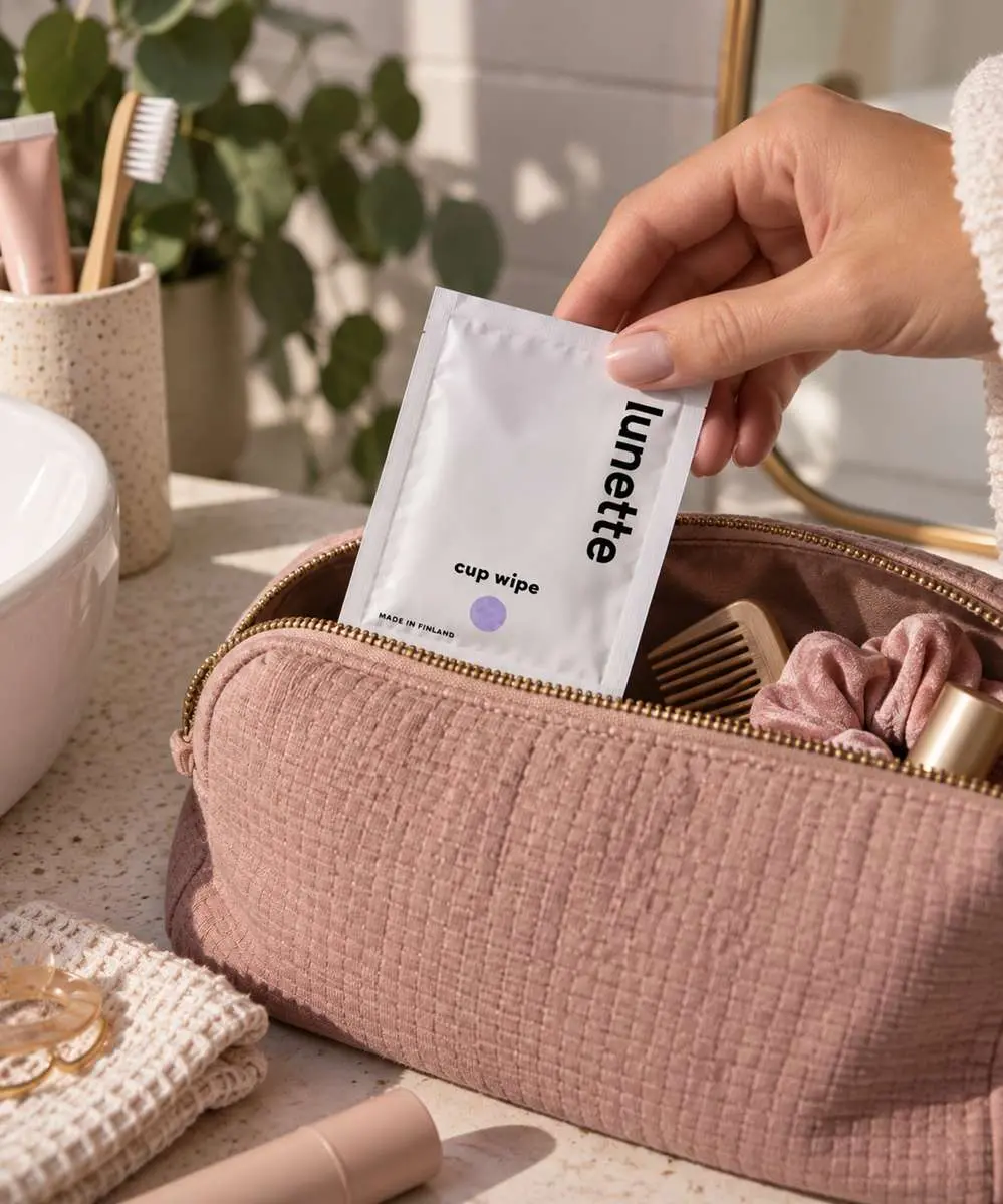 Main de femme mettant un sachet de lingette pour coupe menstruelle Lunette dans une trousse de toilette vieux rose posée sur plan de lavabo minéral