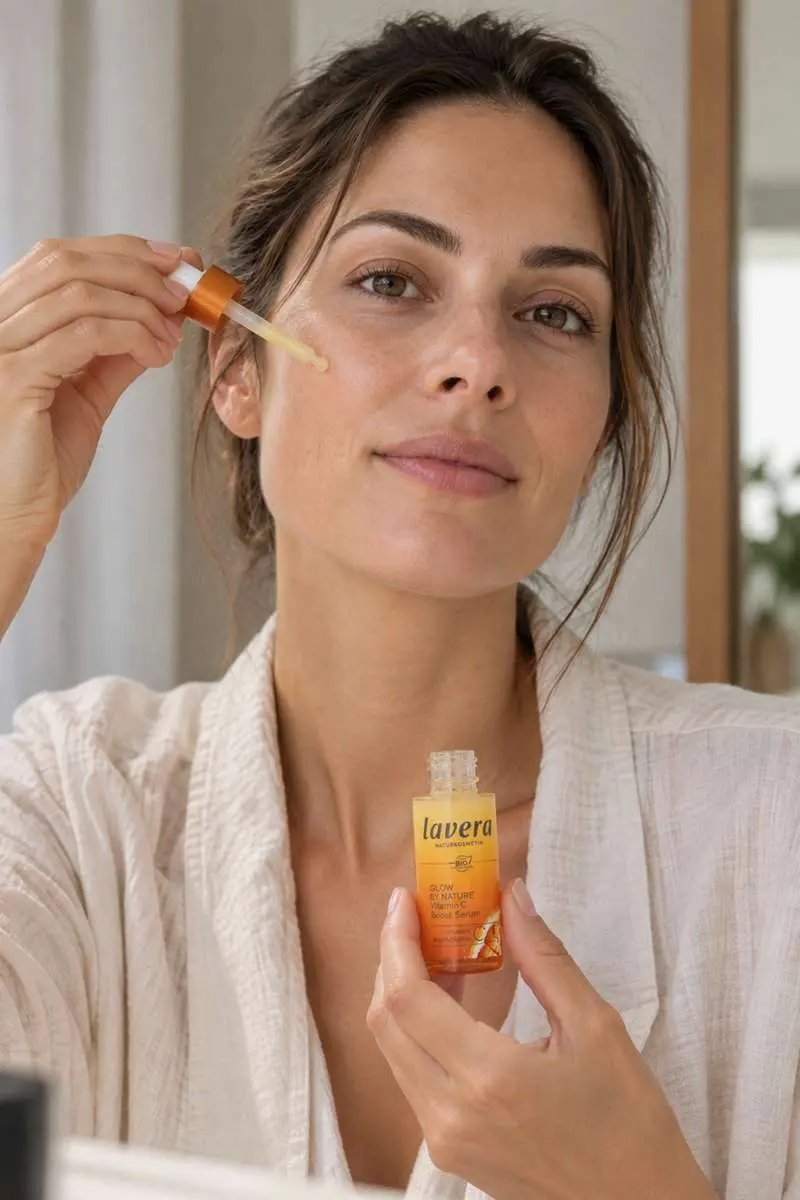 Femme qui tient  un flacon de sérum stimulant à la vitamine c Lavera et s'en applique que la pommette 