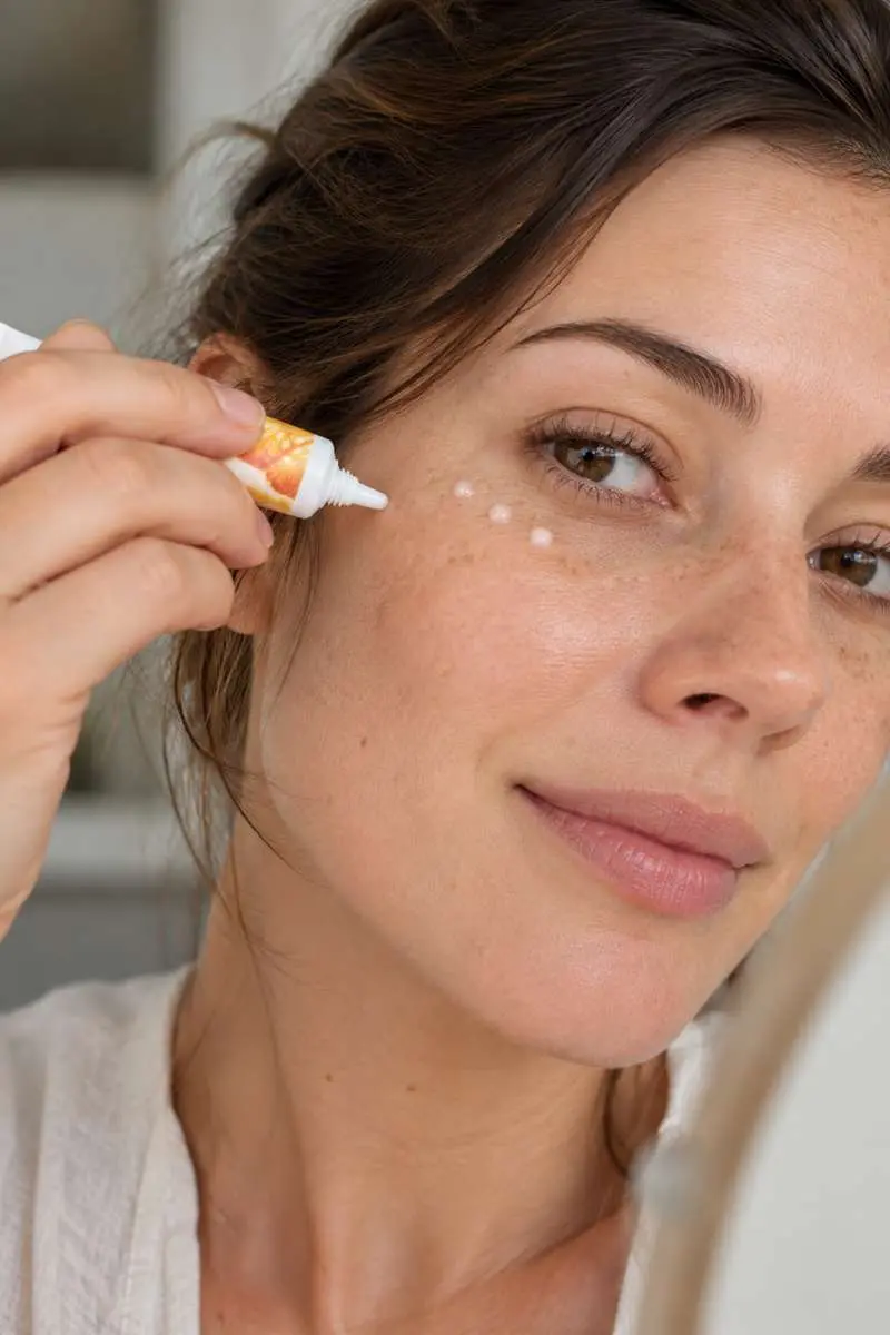 Gros plan visage de femme qui applique la crème illuminatrice pour les yeux Glow by Nature Lavera avec trois gouttes sous son oeil droit
