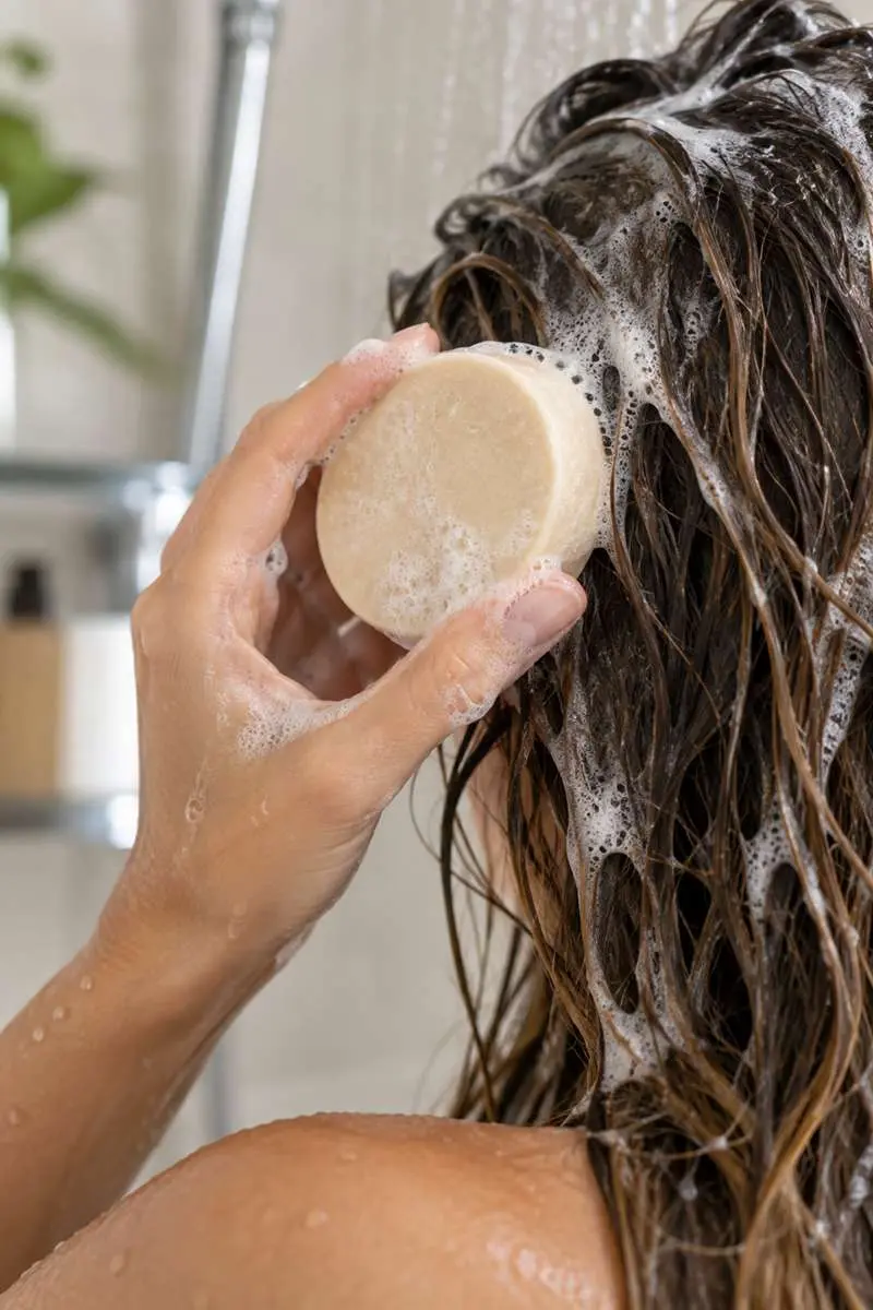 Gros plan femme qui tient un shampooing solide volume et force Lavera avec de la mousse sur les cheveux