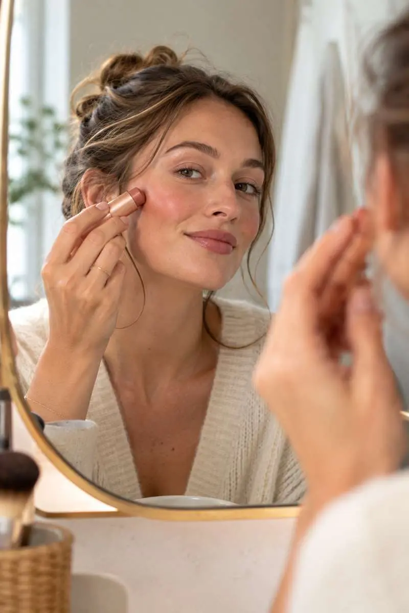 Femme qui s'applique devant un miroir le multi baume sunrise 04 Lavera sur les joues