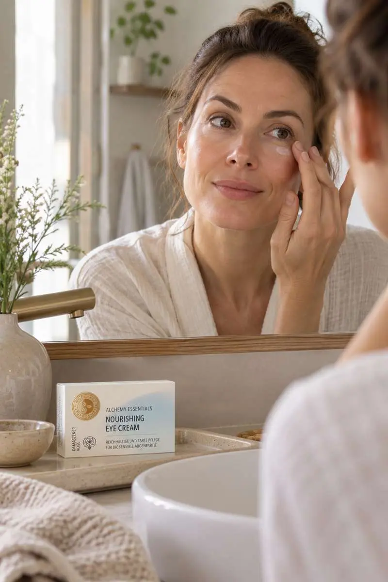 Femme devant miroir avec crème sous l'œil et crème Contour des yeux nourrissante Martina Gebhardt posée devant elle dans salle de bains zen