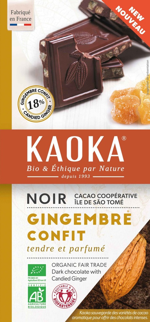 Chocolat noir 66% gingembre confit 180g